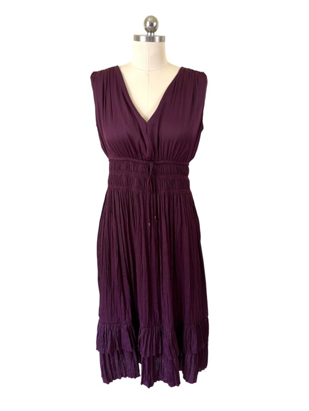 White House Black Market Boho-Chic Pleated Midi Dress XS Plum Ruched Romantic